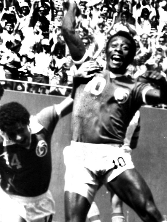 Pele celebrates a goal playing for the NY Cosmos in 1977.