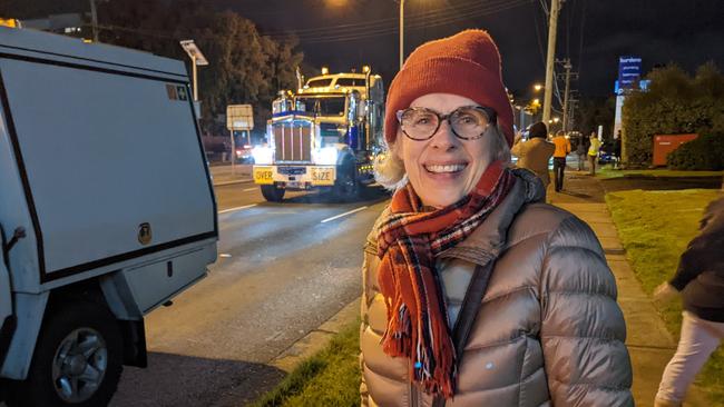 East Bentleigh's Diane Mead was excited to watch the superload leave Glen Waverley. Picture: Kiel Egging.