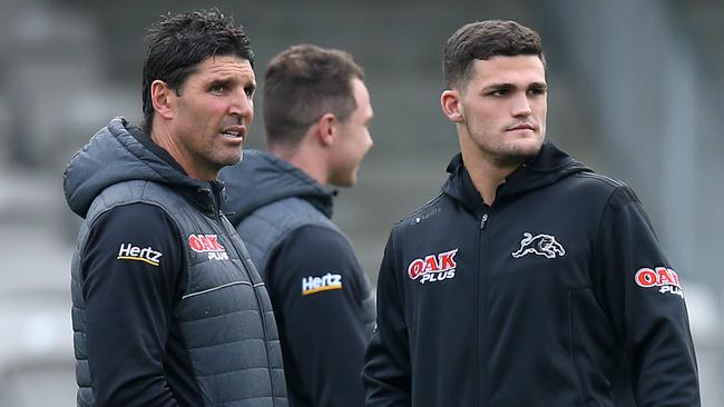 Panthers assistant coach Trent Barrett, left, with star halfback Nathan Cleary. Picture: Getty Images