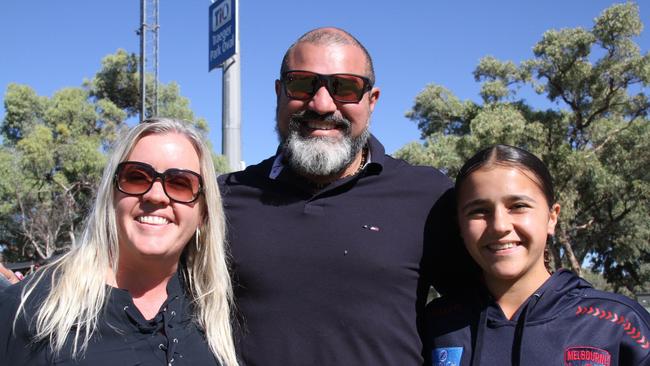 Olivia, Terry, and Sally Schulz at Traeger Park, Alice Springs, for the Demons Saints game on June 1, 2025. Picture: Gera Kazakov