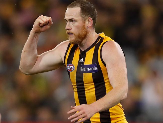 MELBOURNE, AUSTRALIA - SEPTEMBER 06: Jarryd Roughead of the Hawks celebrates a goal during the 2018 AFL First Qualifying Final match between the Richmond Tigers and the Hawthorn Hawks at the Melbourne Cricket Ground on September 06, 2018 in Melbourne, Australia. (Photo by Adam Trafford/AFL Media/Getty Images)