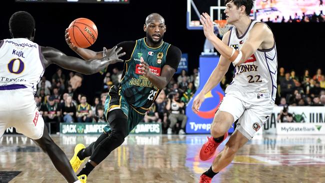 LAUNCESTON, AUSTRALIA - OCTOBER 18: Milton Doyle of the Jackjumpers attacks the defence during the round five NBL match between Tasmania Jackjumpers and Sydney Kings at Silverdome, on October 18, 2024, in Launceston, Australia. (Photo by Simon Sturzaker/Getty Images)