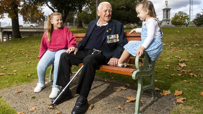 Kevin Harper, 89, with great-granddaughters Jordyn Adams and Charlee Adams and, below, aged 20. Picture: Aaron Francis