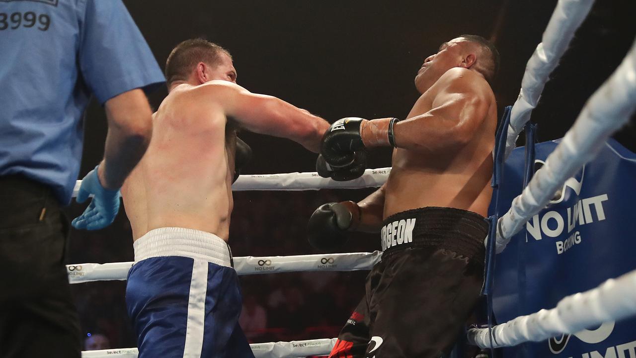 Paul Gallen in his victory over John Hopoate during the Star of the Ring boxing match at the Horden Pavilion, Sydney. Picture: Brett Costello