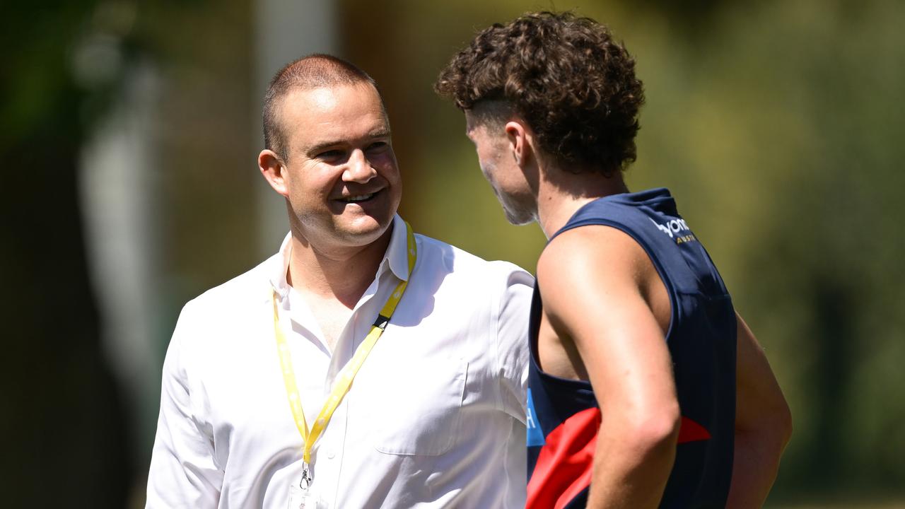 Demons president Brad Green chats with top draft pick Harvey Langford. Picture: Quinn Rooney/Getty Images