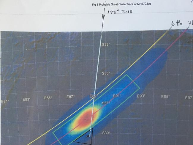 What is thought to be the final flight path of MH370 in the southern Indian Ocean. Picture: Supplied.