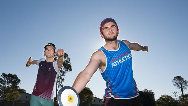 ( From left ) discus throwers Mason Hughes and Will Gilmore. Tuesday, 7th Jul, 2020.