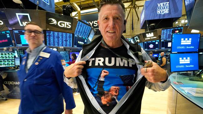 New York Stock Exchange trader Walter Lundon shows his allegiance. Picture: AFP