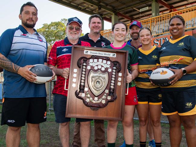 Back left: Michael Jennings and Peter Nason.Front left: Luigi Andreoli, Dennis Bree, Kaitlyn Watts, Ayesha Kay and Bianca Scrymgour at the launch of the 2023-24 Darwin Rugby Union season. Picture: Pema Tamang Pakhrin