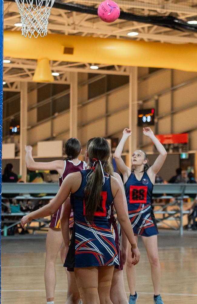 Tracy Village Falcons against the MASH Vipers in the 2023 Darwin Netball under-17 Div 1 grand final. Picture: Pema Tamang Pakhrin