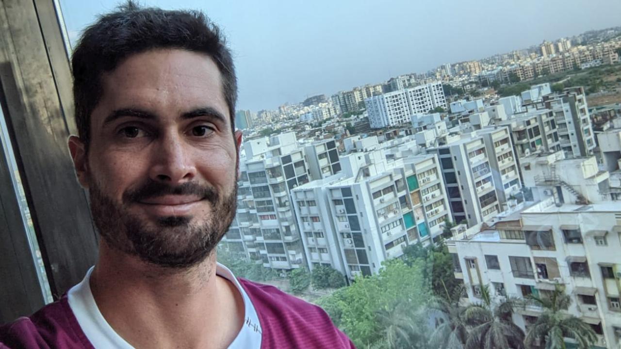 Ben Cutting takes a selfie in his Ahmedabad hotel room in quarantine.