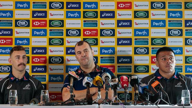 Head coach of the Wallabies Michael Cheika (centre) questioned the level of respect the All Blacks show to their opposition. Picture: AAP Image/Richard Wainwright