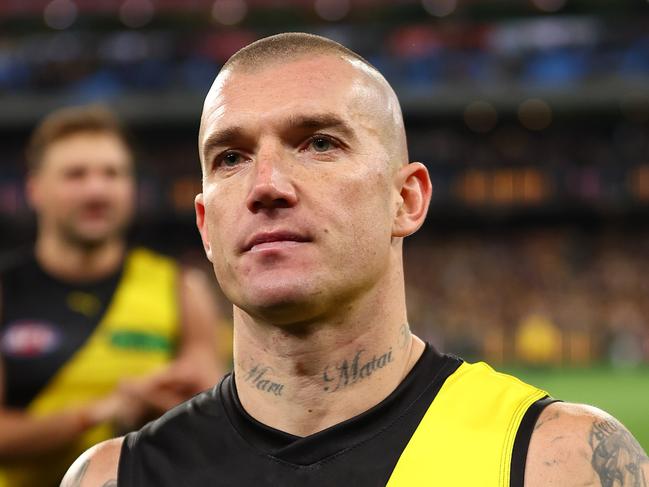 MELBOURNE, AUSTRALIA - JUNE 15: Dustin Martin of the Tigers walks from the ground following his 300th match the round 14 AFL match between Richmond Tigers and Hawthorn Hawks at Melbourne Cricket Ground on June 15, 2024 in Melbourne, Australia. (Photo by Graham Denholm/Getty Images)