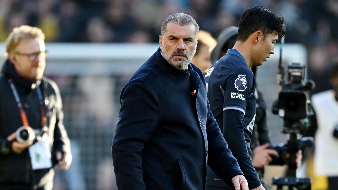 WOLVERHAMPTON, ENGLAND – NOVEMBER 11: Ange Postecoglou, Manager of Tottenham Hotspur, looks dejected after the team's defeat in the Premier League match between Wolverhampton Wanderers and Tottenham Hotspur at Molineux on November 11, 2023 in Wolverhampton, England. (Photo by Shaun Botterill/Getty Images)