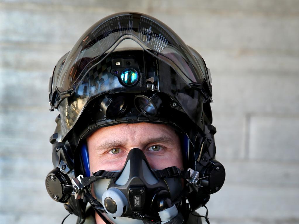 Australian Pilots training in the F35 fighter Jets Luke Airforce Base in Phoenix Arizona. Squadron leader Chris Baker with the Million dollar flight helmet. Picture: Nathan Edwards