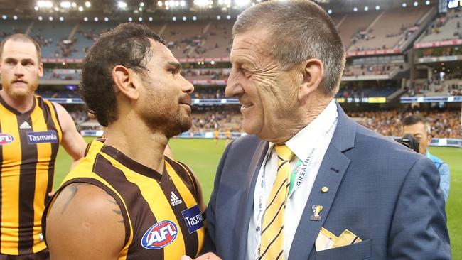 Cyril Rioli and Jeff Kennett during the star Hawk’s playing days. Picture: Michael Klein