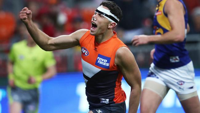 Josh Kelly celebrates a goal for GWS. Picture: Phil Hillyard