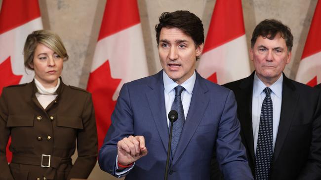 Canada's Prime Minister Justin Trudeau speaks about the US tariffs against Canada on March 4, 2025 on parliament Hill in Ottawa. Photo by Dave Chan / AFP