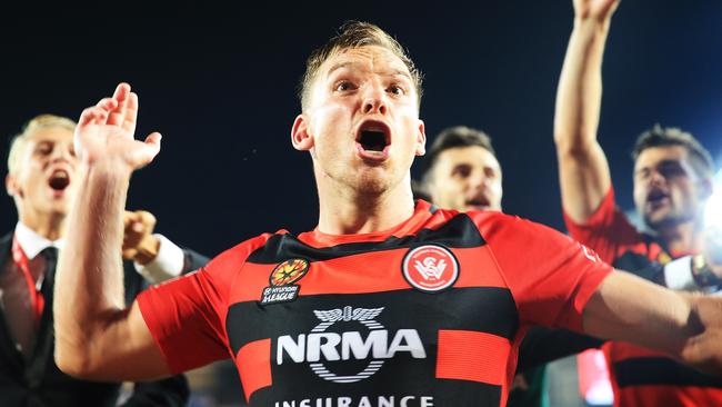 Brendon Santalab leads the celebrations after his goal gave the Western Sydney Wanderers victory over Sydney FC at ANZ Stadium in February 2017. Picture: Mark Evans