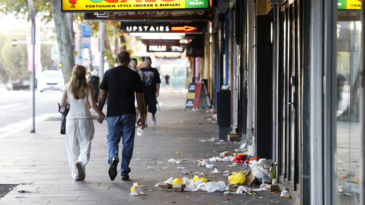 Litter on Oxford Street after the Mardi Gras parade on Saturday night. Picture: NewsWire / Damian Shaw