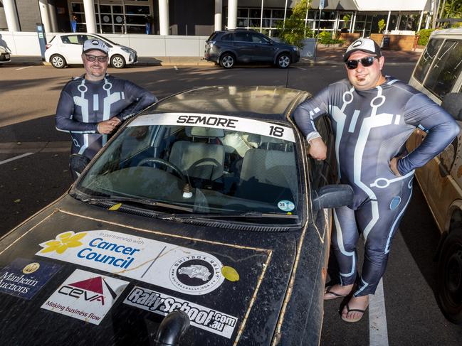 From Melbourne, Craig Saunders and Pierre Bahou travelled 3342kms in a 1999 Toyota Corolla which they paid $800 for. The Mackay To Darwin journey is his fourth rally. They have raised $7620. Picture: Floss Adams.