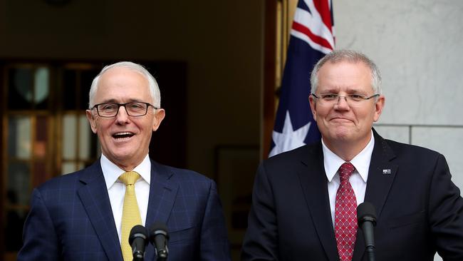 Former PM Malcolm Turnbull and then-Treasurer Scott Morrison in 2018. Picture: Kym Smith