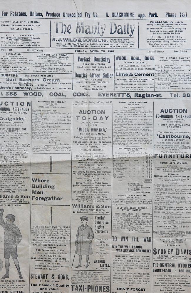 April 1918 front pages of about 110 old Manly Dailys for our 110th anniversary edition. The papers are in the Manly Daily office