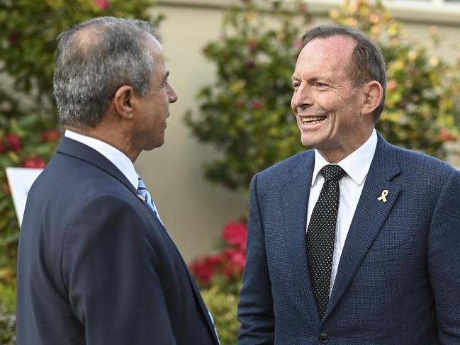 CANBERRA, Australia - NewsWire Photos - October 7, 2024: Former Prime Minister, the Hon Tony Abbott and Israel's Ambassador to AustraliaÃÂ Amir Maimon during the October 7th vigil at the Israeli Embassy in Canberra. Picture: NewsWire / Martin Ollman