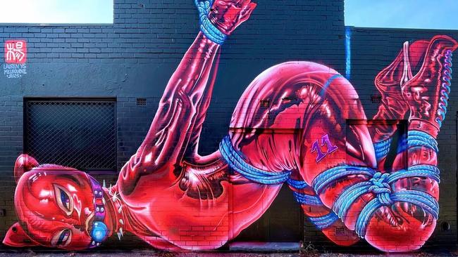 Street artist Lauren YS’ mural titled “Kinbakubi” which was painted on a building in Fitzroy has sparked public outcry. Picture: Instagram