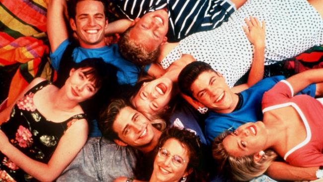 Austin Green first hit our screens in Beverly Hills, 90210 with (anticlockwise, from centre) Jenni Garth, Iain Ziering, Luke Perry, Shannen Doherty, Jason Priestley, Gabrielle Carteris and Tori Spelling. Picture: Supplied