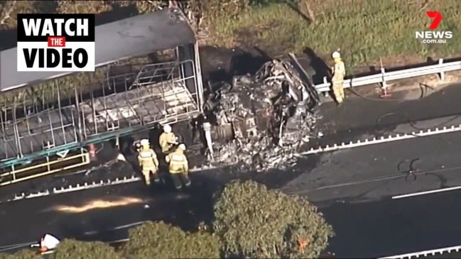 Trucks collide in fiery South Eastern Freeway crash (7 News)