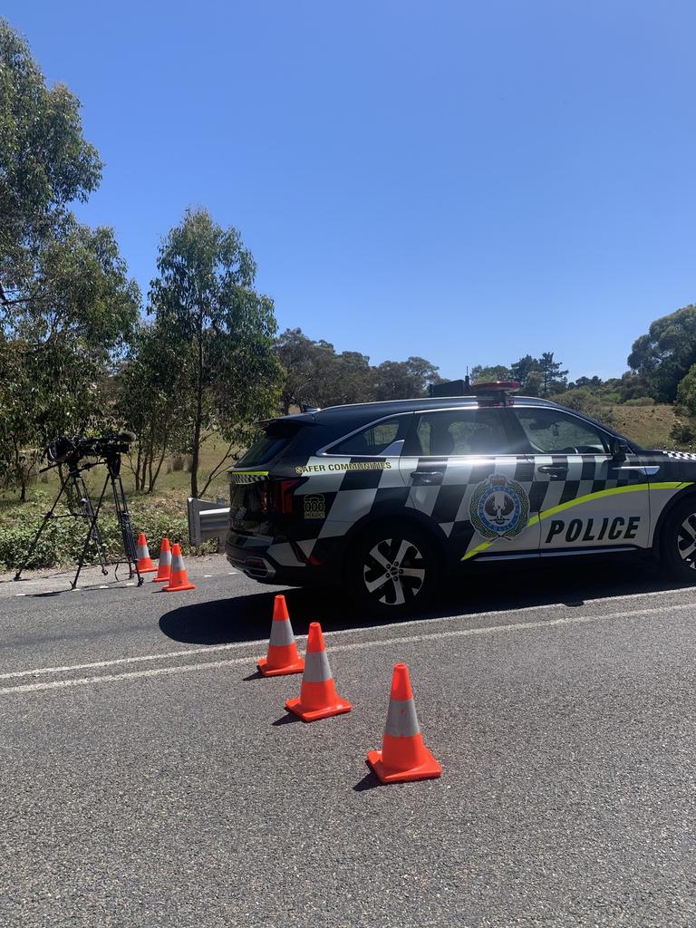 Police at the scene of the Willunga Hill crash. Picture: Charlie Dadds