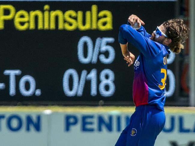 Jack Conroy bowling for Frankston Peninsula on Saturday. Picture: Valeriu Campan