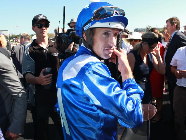 Hugh Bowman after winning the Chipping Norton Stakes with Winx. Picture: Getty Images