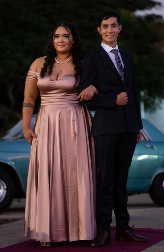 Tanya Takie and Noah Colless Skuse, graduating class of 2023, arrive at St Patrick’s Formal on Friday, May 5, 2023. Gympie, Queensland. Picture: Christine Schindler