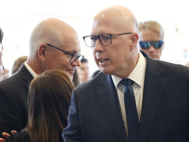 Former Prime Minister Scott Morrison and Peter Dutton during the federal election campaign. Picture: Richard Dobson/NewsWire