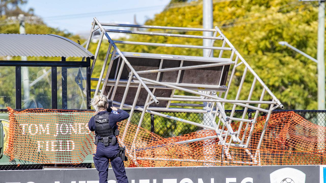 The scaffolding collapse at Mitchelton Football Club that killed Bridgeman Downs father Andy Jones. Picture: Richard Walker