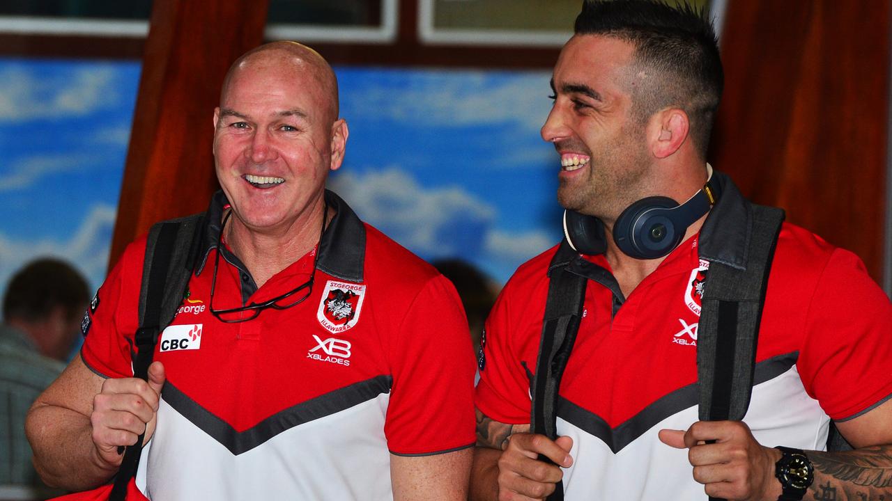 St George Illawarra Dragons arrived in Townsville ahead of their clash with the North Queensland Cowboys. Paul McGregor and Paul Vaughan. Picture: Zak Simmonds