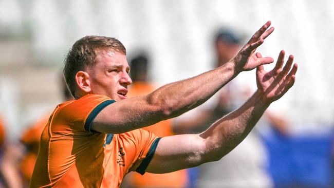 Australia's full back Max Jorgensen catches the ball during the captainâs run training session at Stade Geoffroy-Guichard in Saint-Etienne, southeastern France, on September 16, 2023. (Photo by OLIVIER CHASSIGNOLE / AFP)