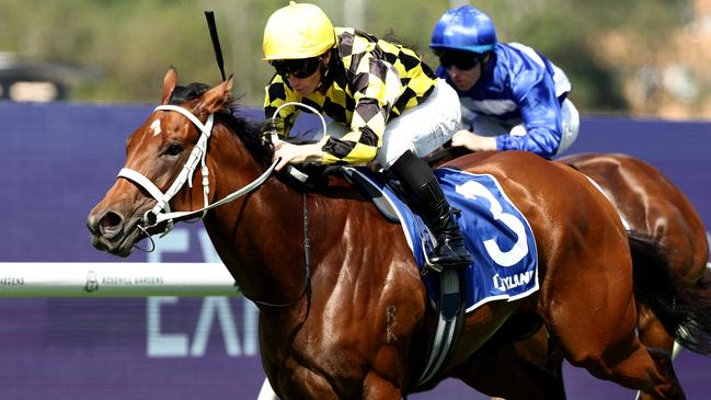 SYDNEY, AUSTRALIA - MARCH 22: James McDonald riding  Autumn Glow win Race 4 Hyland Race Colours Darby Munro Stakes during the "TAB Golden Slipper" - Sydney Racing at Rosehill Gardens on March 22, 2025 in Sydney, Australia. (Photo by Jeremy Ng/Getty Images)