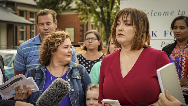 Badcoe MP Jayne Stinson addressing the rezoning issue with parents at Black Forest Primary school last month.