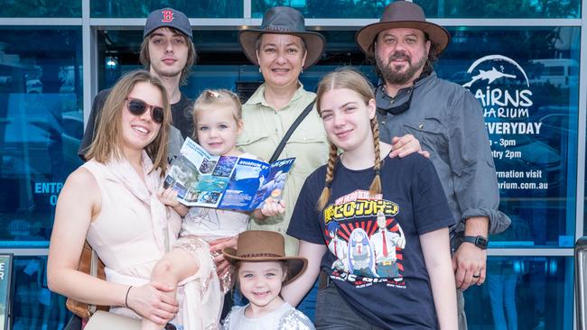 Sydneysiders making the most of the Easter Holidays in Cairns with a visit to the Cairns Aquarium; Charlotte Weaver, Rosie McNeice (3), Eric Weaver, Jacoba Weaver, Aria McNeice (5), Elenore Weaver and David O'Hare. Photo by Emily Barker