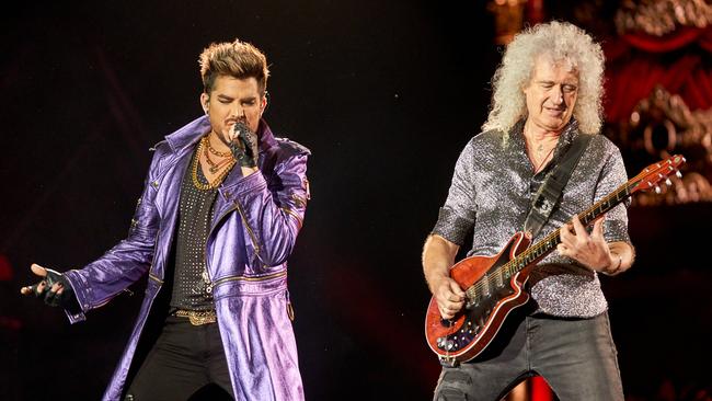 Adam Lambert and Brian May from Queen perform at Adelaide Oval on Wednesday night. Picture: Matt Loxton