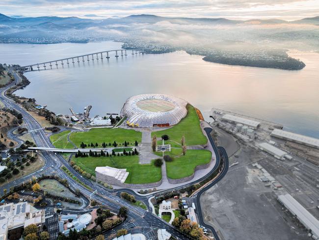 Mac Point 2.0 Stadium aerial view. Design from Stadia Precinct consortia for the proposed AFL stadium at Macquarie Point Hobart. Supplied August 2nd 2024. Picture: Solutions Won