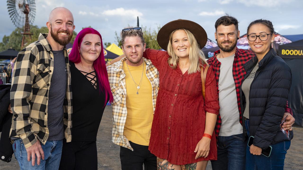 At Meatstock are (from left) Craig Meston, Zaneisha Shedden, Andrew Wilkinson, Jordyn Cartmill, Sam Harmer and Chelsea Clark at Toowoomba Showgrounds, Friday, April 8, 2022. Picture: Kevin Farmer