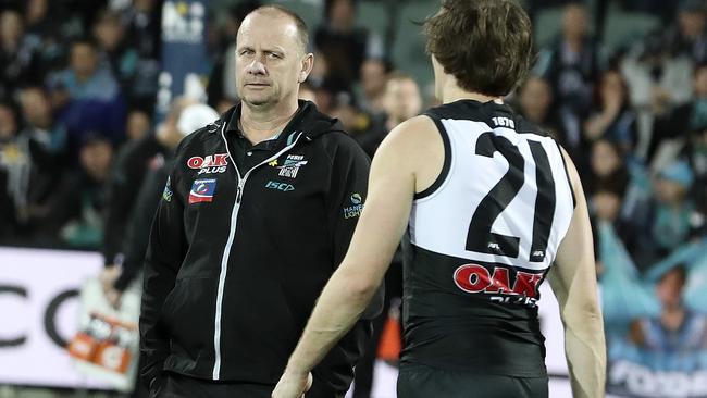 Ken Hinkley and Jared Polec after Port Adelaide’s loss. Picture: Sarah Reed