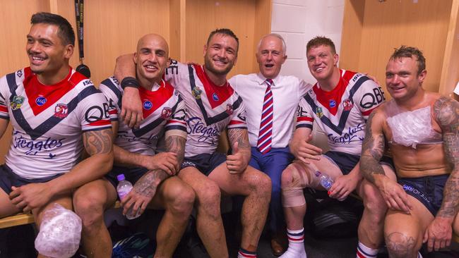 Malcolm Turnbull in the dressing room of the Sydney City Roosters. It’s a pity his own locker is bare.