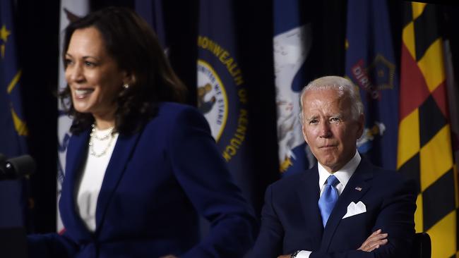 Joe Biden looks on as his running mate Kamala Harris speaks during their first press conference last week. Picture: AFP