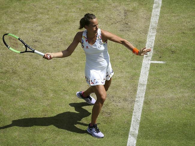 Czech Republic's Barbora Strycova returns a shot to Australia's Ashleigh Barty during their semi-finals Birmingham Classic tennis match. Picture: Tim Goode/PA via AP