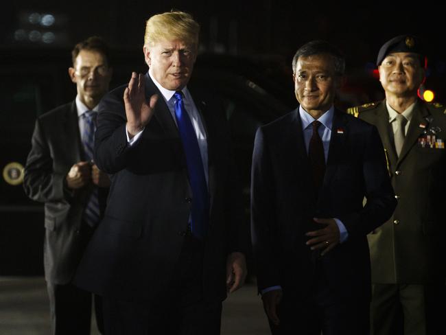 US President Donald Trump arrives at Paya Lebar Air Base for a summit with North Korean leader Kim Jong-un. Picture: AP Photo/Evan Vucci